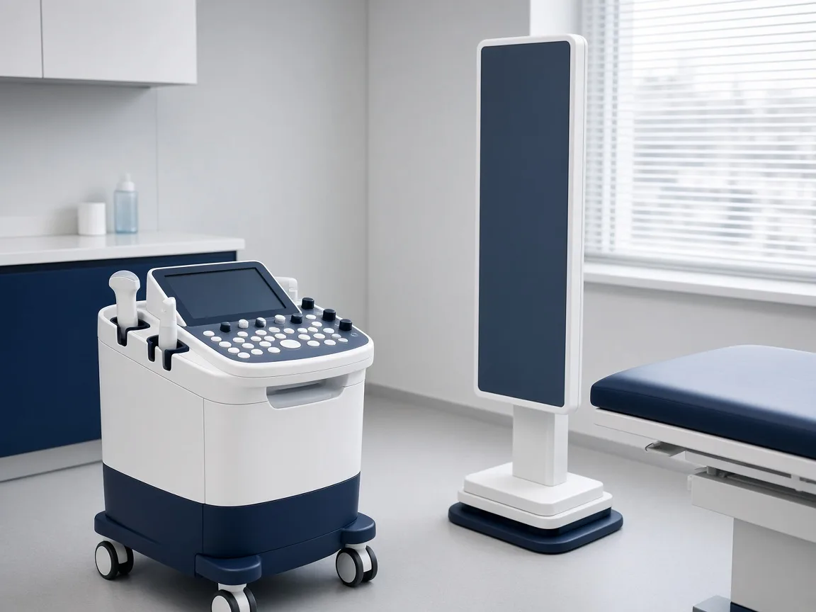 Concept visualization of an ultrasound console and a flat-panel detector in a clinical room, shown as optional equipment.