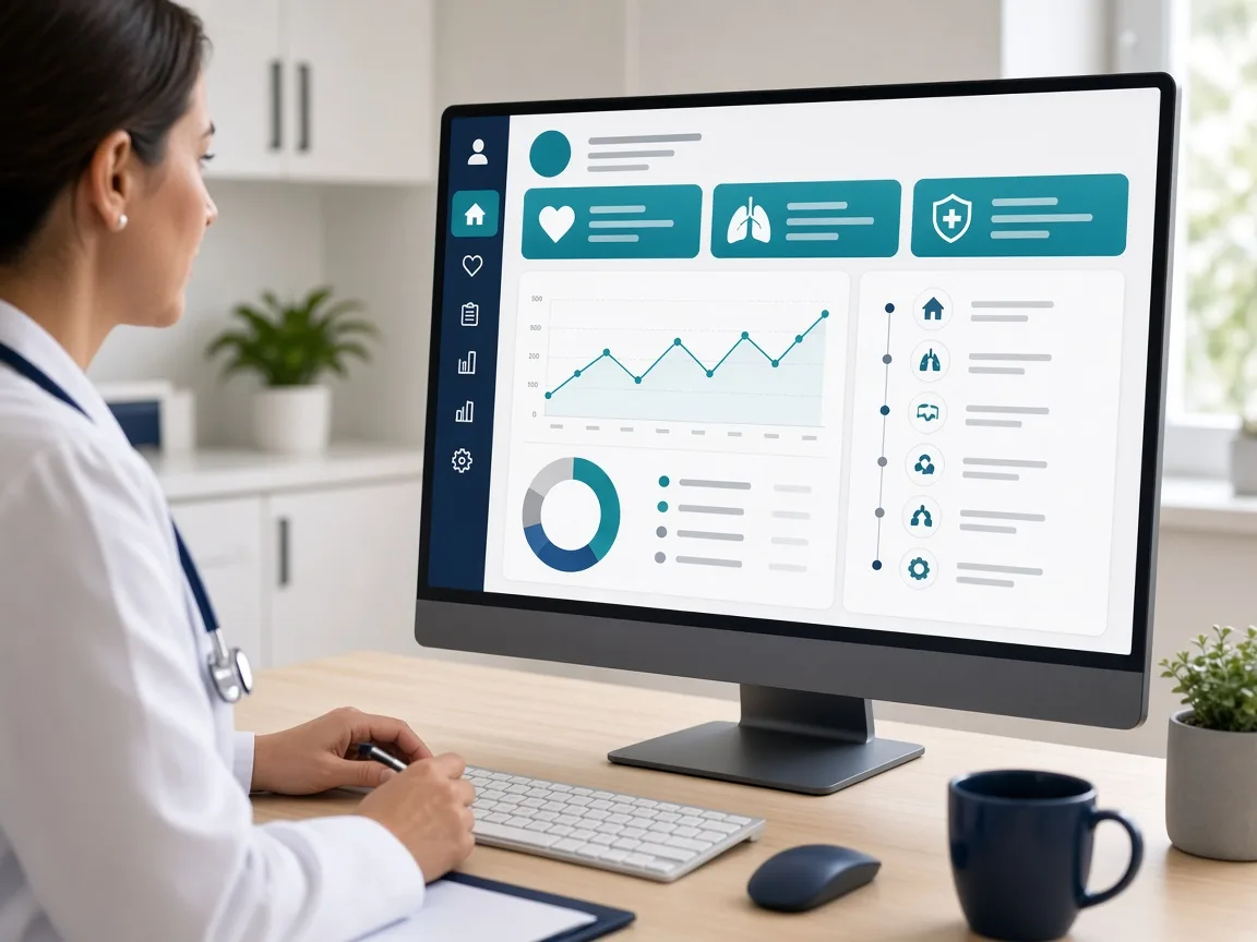Concept visualization of a clinician reviewing an illustrative health dashboard.