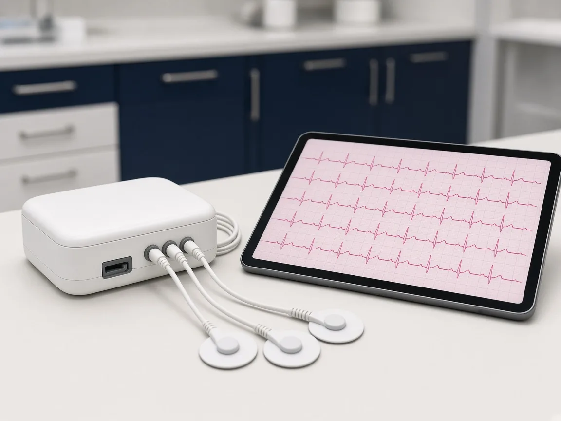 Concept visualization of ECG equipment and an illustrative cardiac waveform on a tablet.