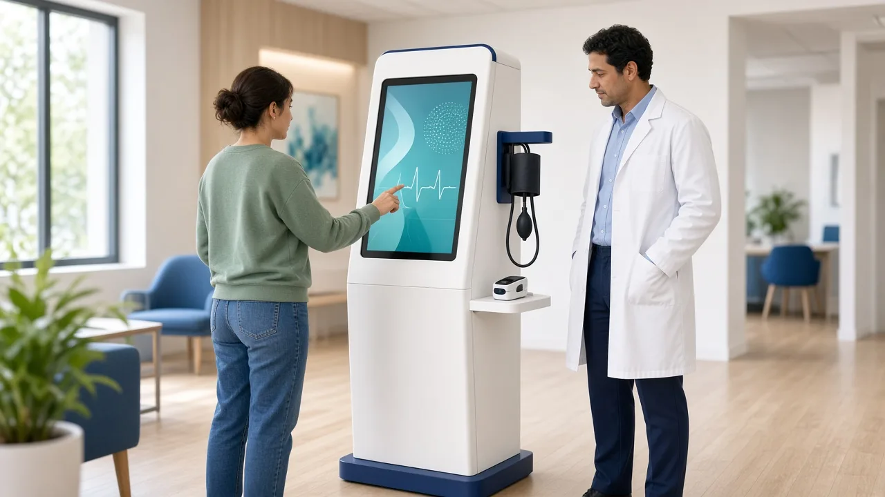 Concept visualization of a full-height YPER health kiosk in a clinic, with a touchscreen, blood pressure cuff, and a patient using the device.