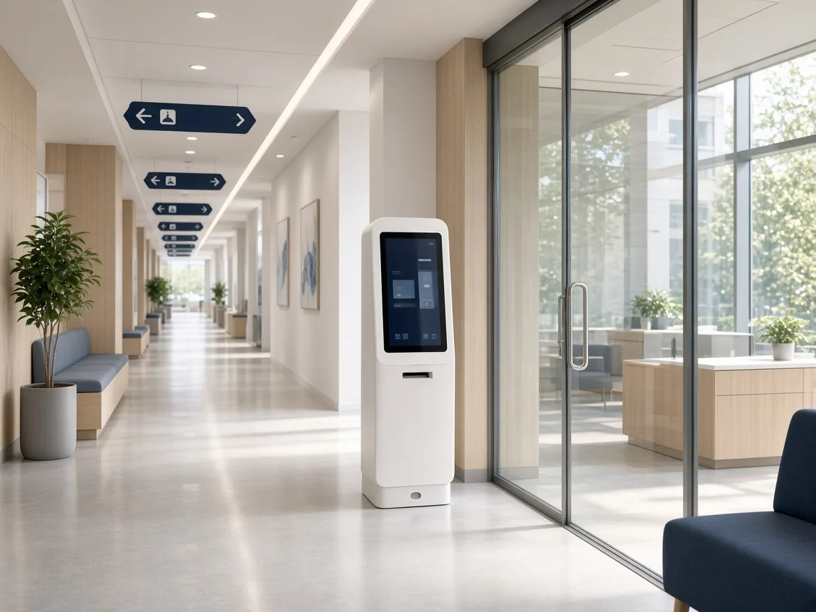 Concept visualization of a health kiosk in a hospital corridor beside a clinic entrance.