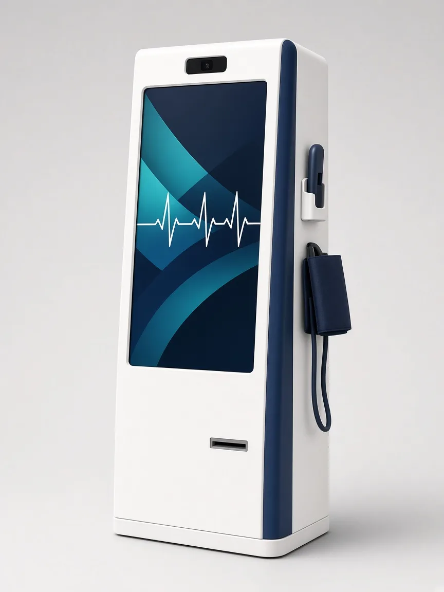 Concept product view of a freestanding YPER health kiosk with a touchscreen and blood pressure cuff.