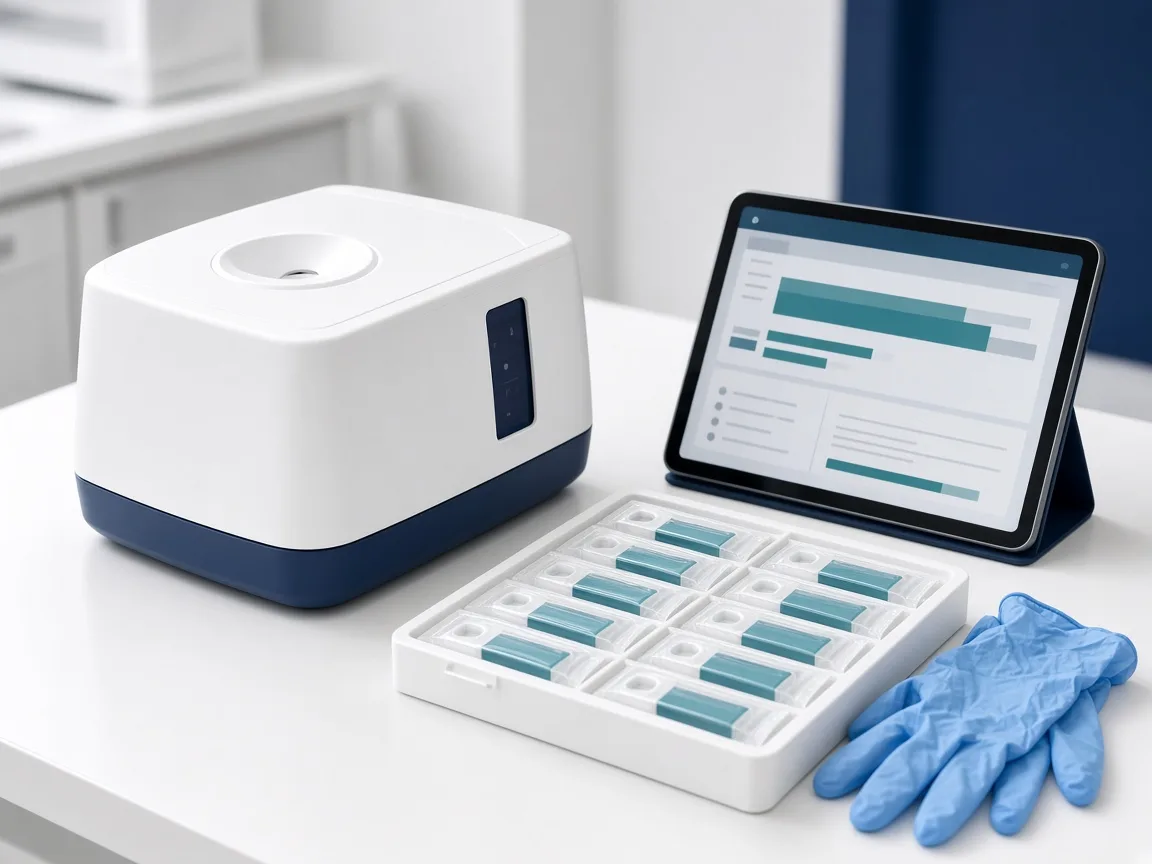 Concept visualization of a point-of-care analyzer, test cartridges, and a laboratory status screen.