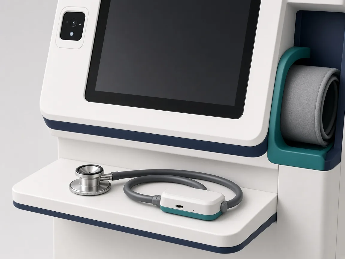 Concept close-up of a health kiosk shelf with a digital stethoscope and blood pressure cuff.