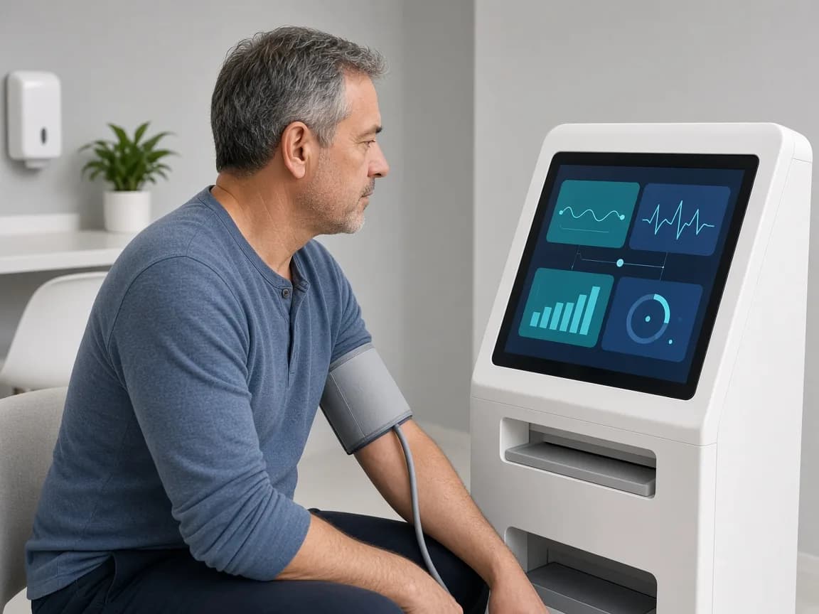 Concept visualization of a person using a blood pressure cuff beside a YPER health kiosk.